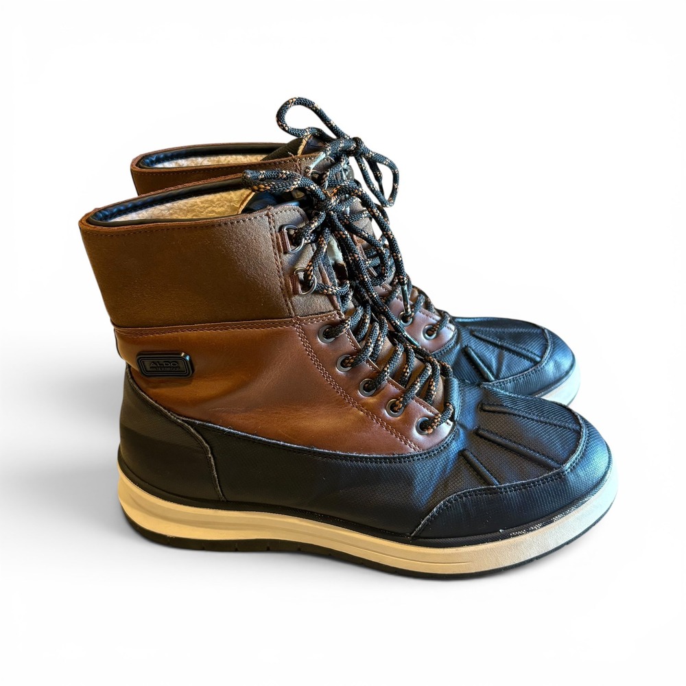 Aldo Men' s 10 Waterproof Duck Boots Brown Black Lace Up Lined Winter Faux Fur